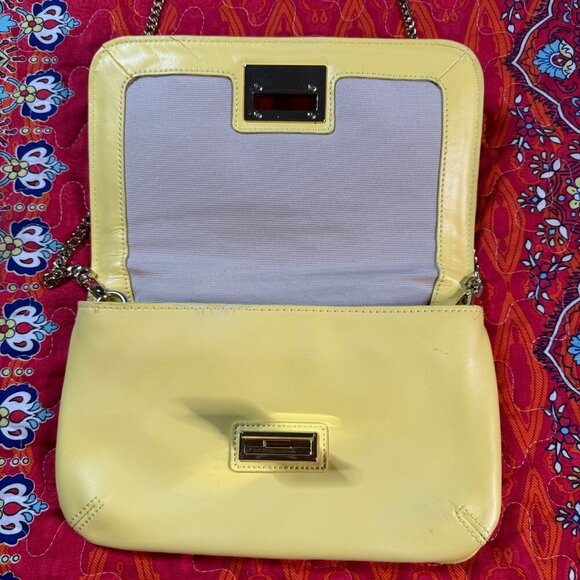 Talbots Yellow Woven Straw Leather Crossbody Purse Clutch Chain Strap Gold Clasp - Picture 12 of 16